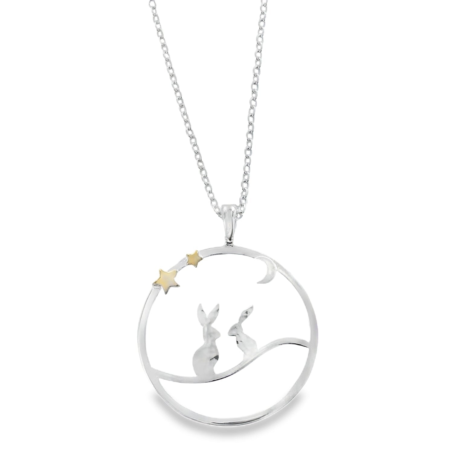 Sterling Silver Moonlit Hares Necklace, two silver hares sat in a circle outline underneath a silver moon and two gold plate stars. The pendant hangs on an adjustable silver chain. Nature inspired gift for her.