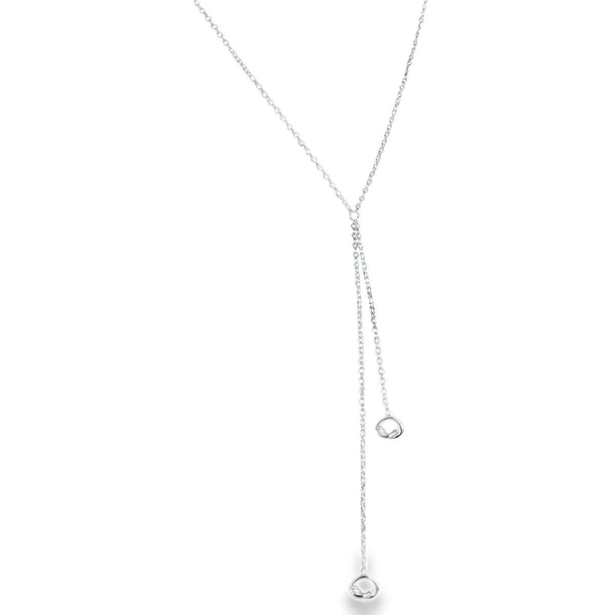 A sterling silver chain necklace, with two chains of different lengths falling from the central point, and knots hanging at the end of each chain.