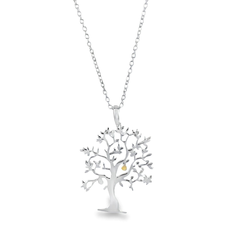 A sterling silver tree necklace with a gold plated 'nut' in the branches. The pendant hangs from a silver adjustable chain.