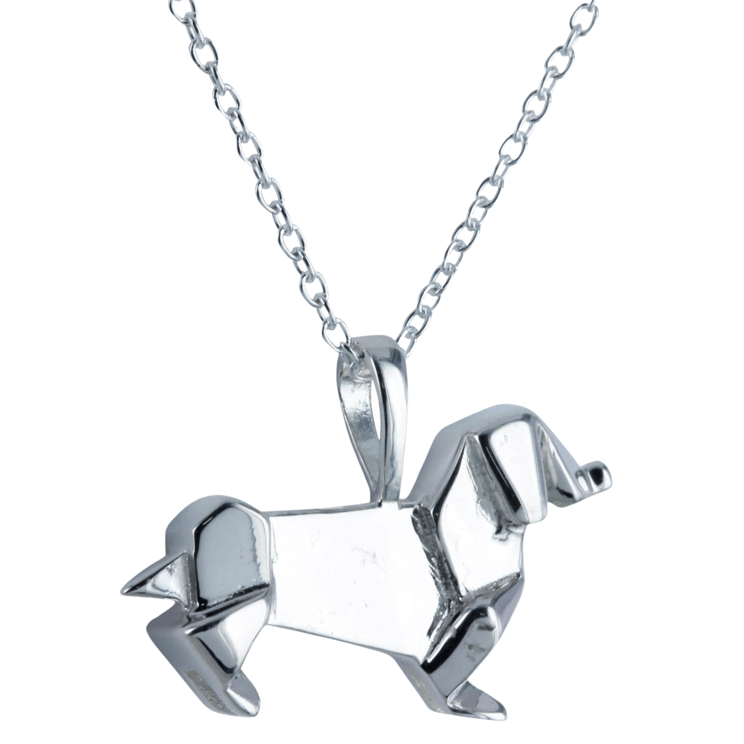 A sterling silver necklace featuring an origami-style dachshund pendant on an adjustable chain.
