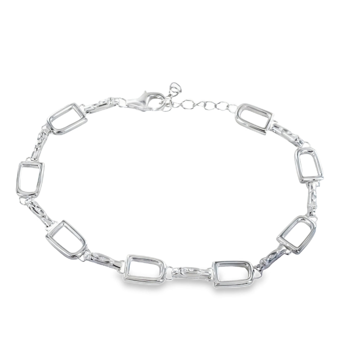 A sterling silver chain bracelet with stirrup and buckles adjoined in a continuous style to wrap around the wrist. The bracelet is finished with a lobster clasp and an adjuster chain.