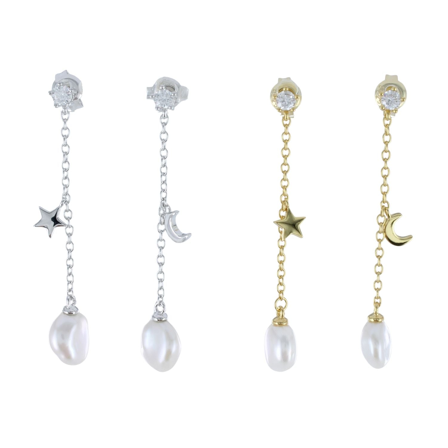 Two pairs of drop earrings in silver and gold plate. The cubic zirconia stud sits at the top with a chain hanging from it. The chain has a moon or star on each earring halfway down the chain and a freshwater white pearl hanging at the bottom.