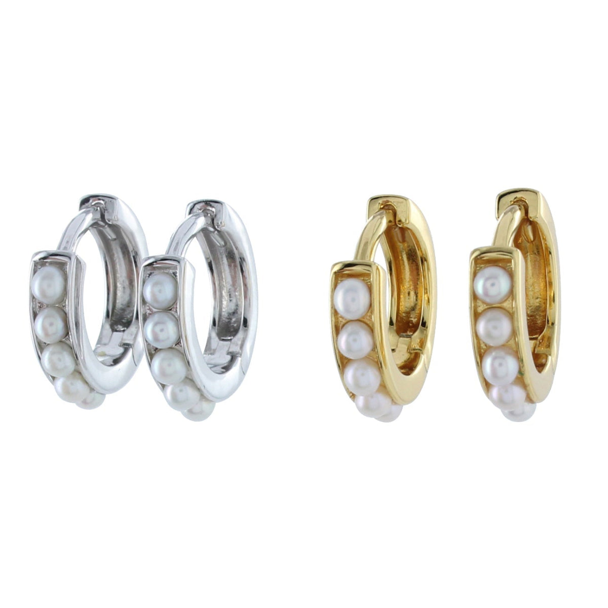 Two pairs of huggie earrings, one silver and one gold plated with pearl accents set in the hoops.