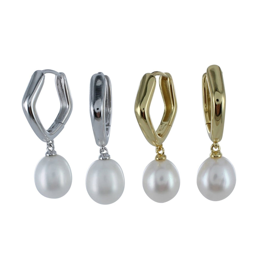 Two pairs of pentagon shaped hoop earrings, one silver and one gold plated, with white freshwater pearls hanging from the bottom.