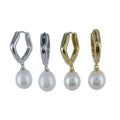 Two pairs of pentagon shaped hoop earrings, one silver and one gold plated, with white freshwater pearls hanging from the bottom.