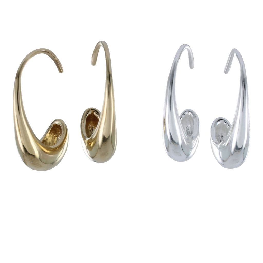 Two pairs of hoop earrings, one gold and one silver. The earrings start at the hook and curve around the ear to finish with a raindrop shape at the bottom.