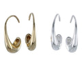 Two pairs of hoop earrings, one gold and one silver. The earrings start at the hook and curve around the ear to finish with a raindrop shape at the bottom.
