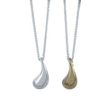 Two Large 'Raindrop' style pendants, one silver and one gold plate, hanging on silver adjustable chains.