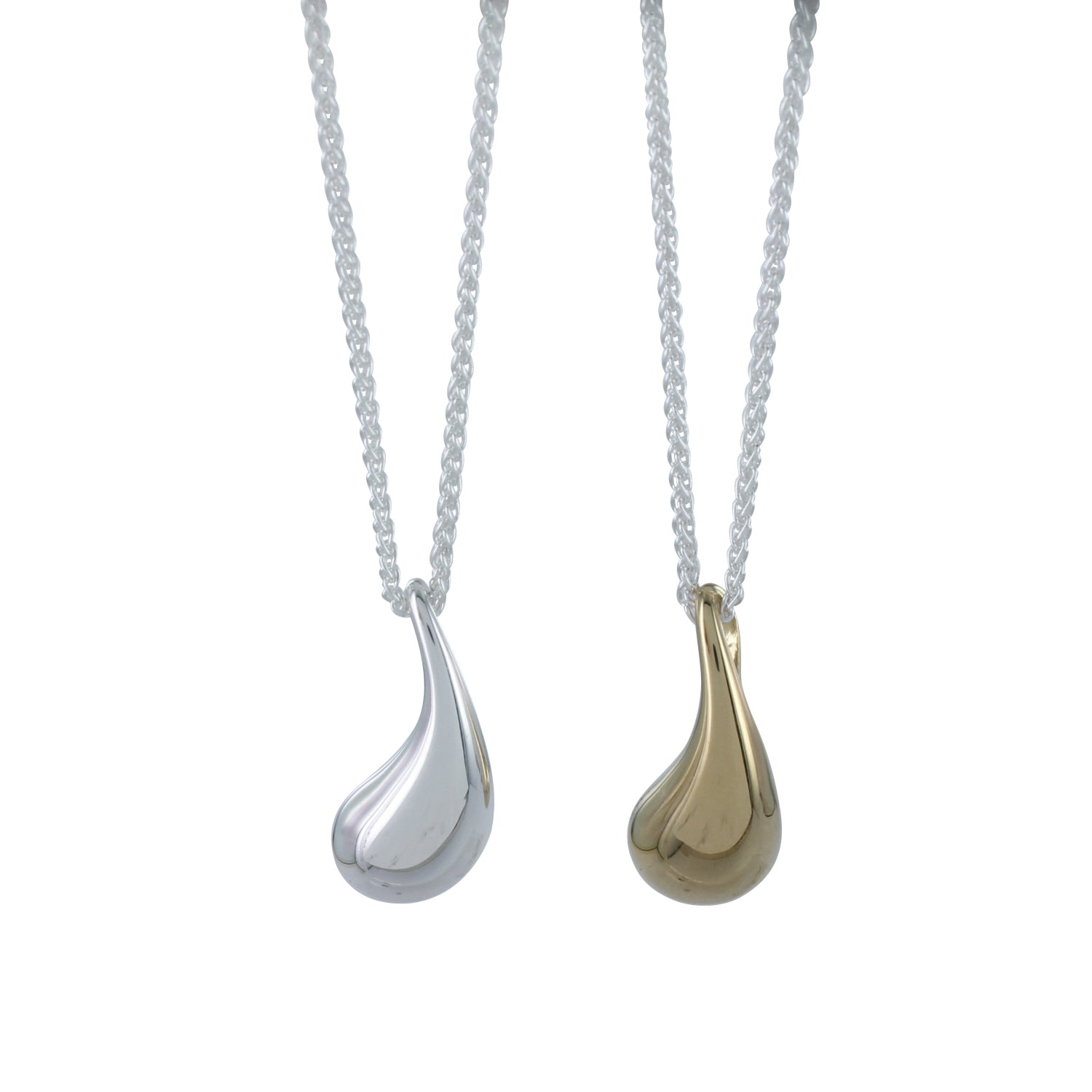 Two Large 'Raindrop' style pendants, one silver and one gold plate, hanging on silver adjustable chains.