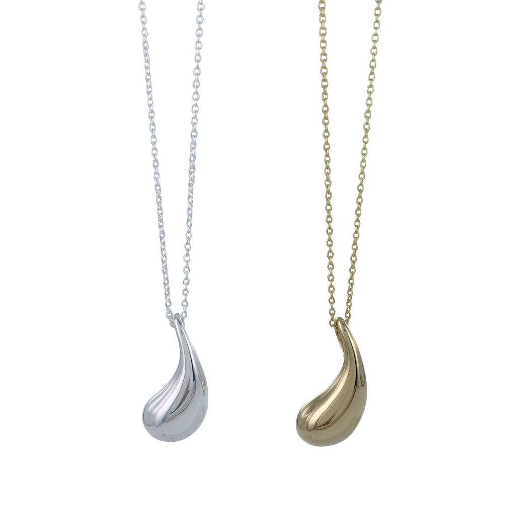 Two Raindrop shape necklaces, one in silver and one in gold plate, hanging on their respective colour chains.