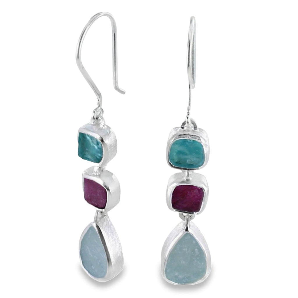 Rough Trio Stone Tear Drop Earrings in Sterling Silver - Reeves & Reeves