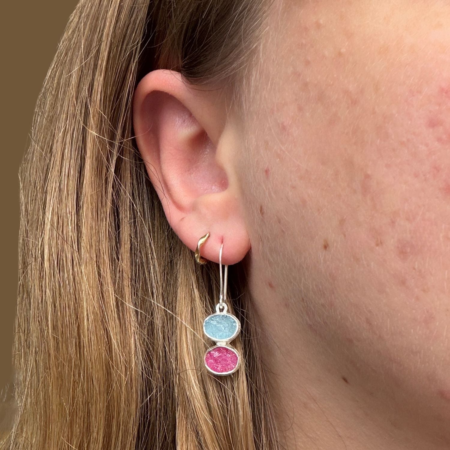 Ruby and Aqua Rough Stone Drop Earrings - Reeves & Reeves