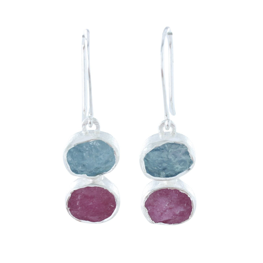 Ruby and Aqua Rough Stone Drop Earrings - Reeves & Reeves
