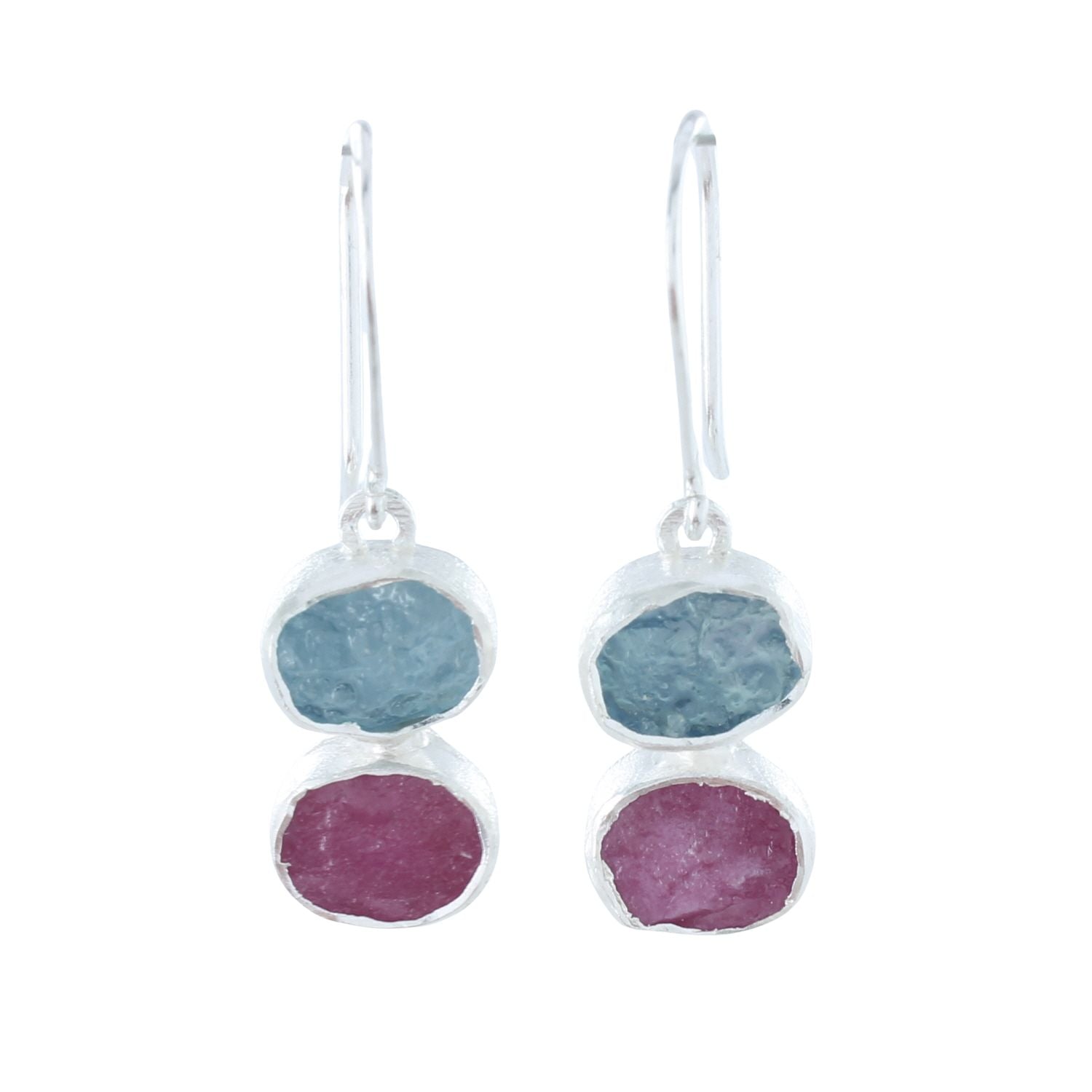 Ruby and Aqua Rough Stone Drop Earrings - Reeves & Reeves