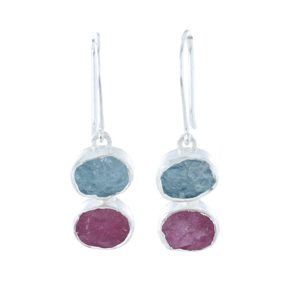 Ruby and Aqua Rough Stone Drop Earrings - Reeves & Reeves