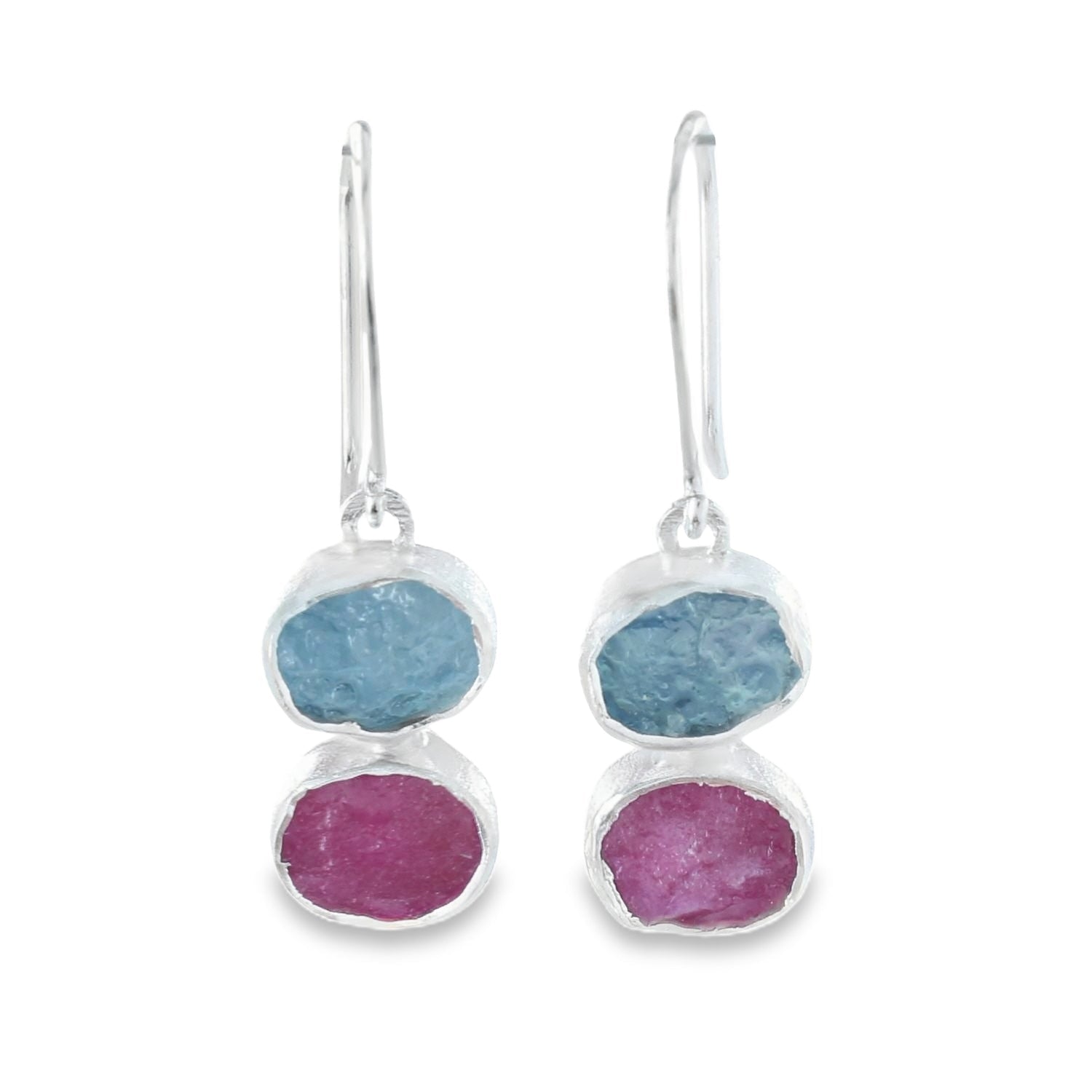 Ruby and Aqua Rough Stone Drop Earrings - Reeves & Reeves
