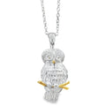 Sterling Silver Owl Pendant with 18ct gold plat detail on its eyes, beak and the branch it is perched on. The pendant is hanging on a silver adjustable chain.