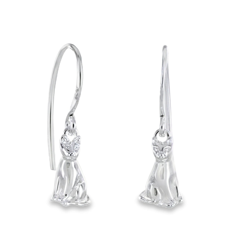 Sitting Cat Sterling Silver Drop Earrings - Reeves & Reeves