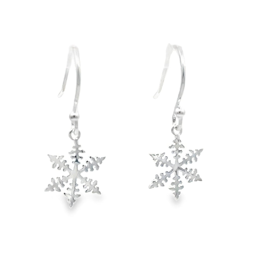 A pair of silver dangle earrings with delicate snowflake charms.