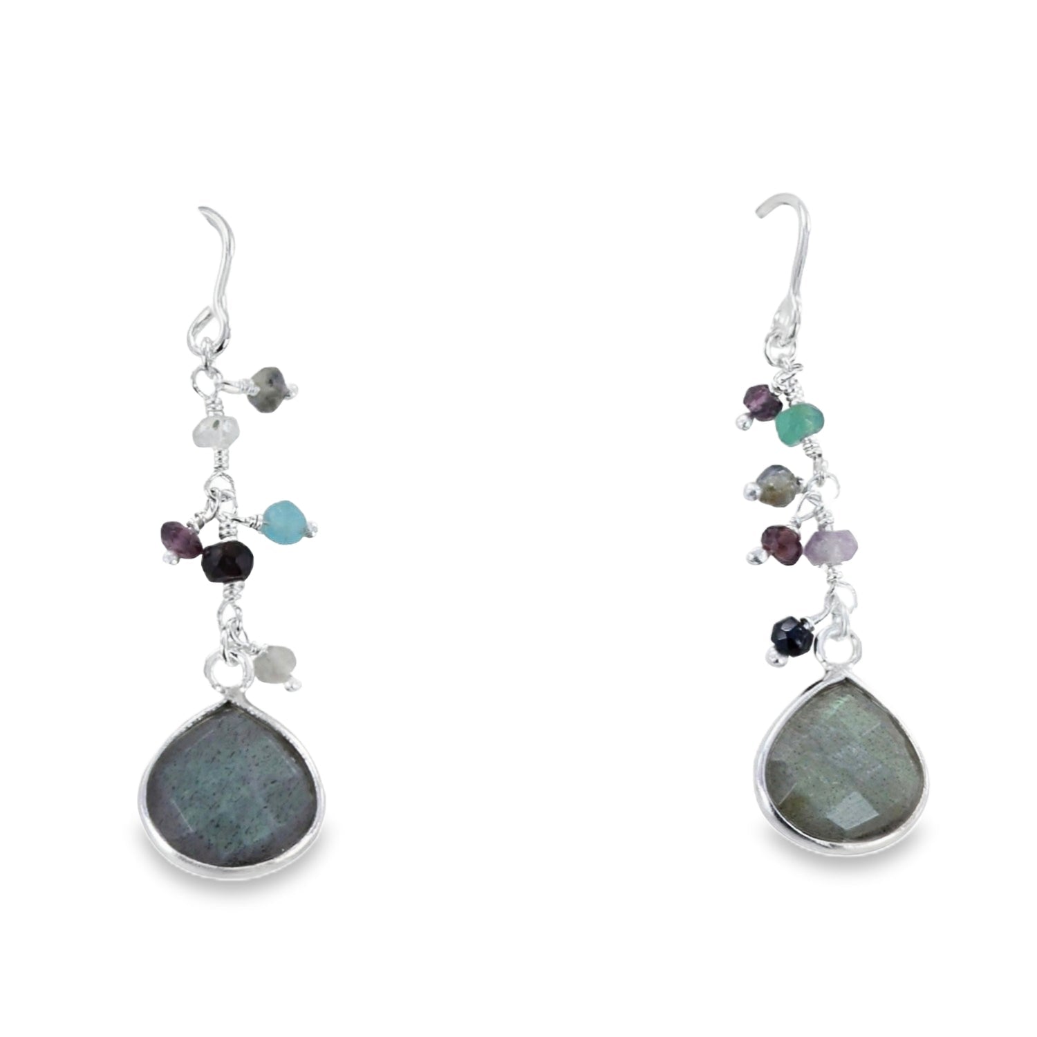 A semi precious labradorite stone in a pear shape sits at the bottom of a silver chain and hangs on silver hooks with coloured stones set down the chain.