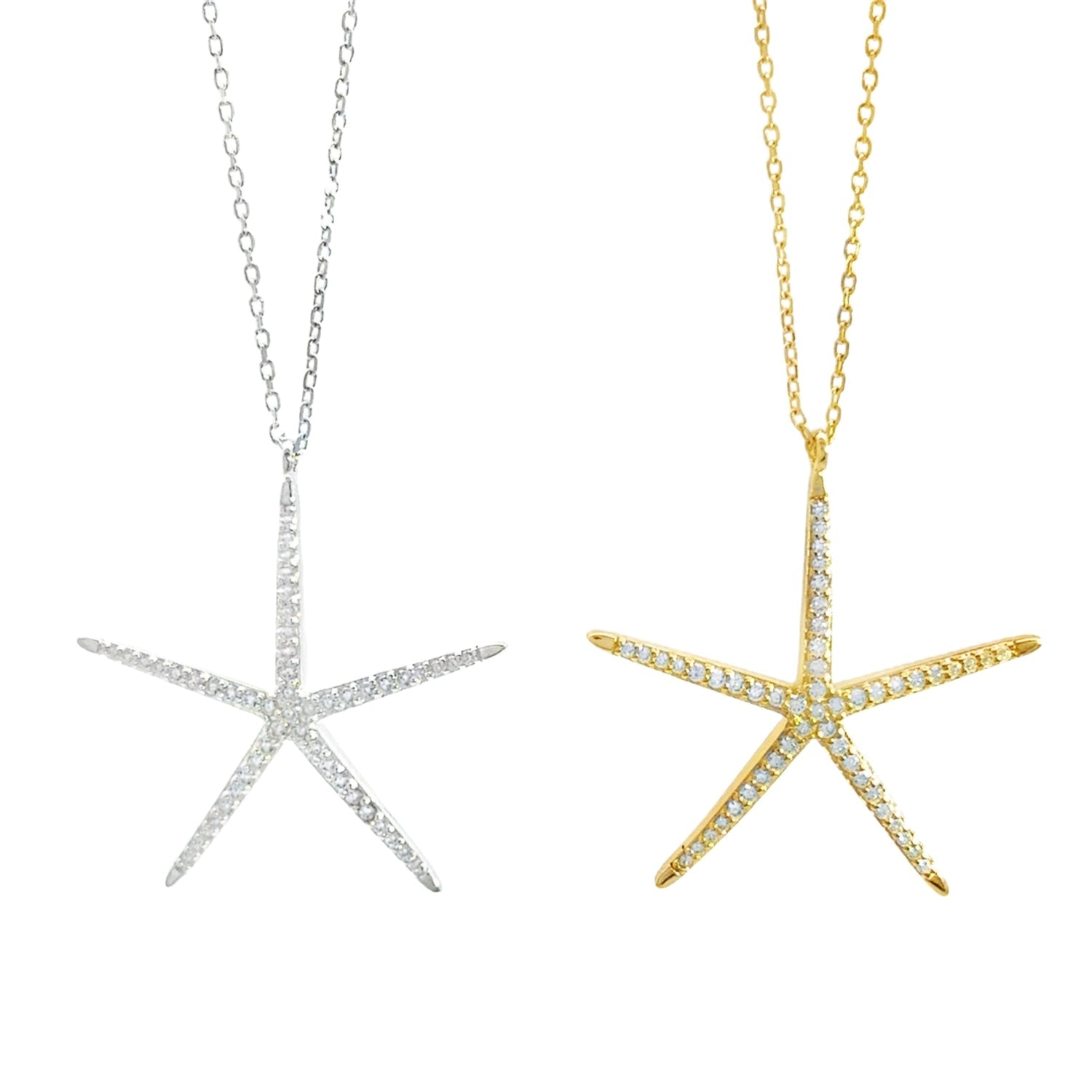 Two Sparkling Starfish Necklaces, one in silver and one in gold plate, filled with cubic zirconia stones and on adjustable fine chains.