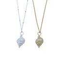 Two Spiral Shell Necklaces, one in silver and one in gold plate, hanging from adjustable chains.