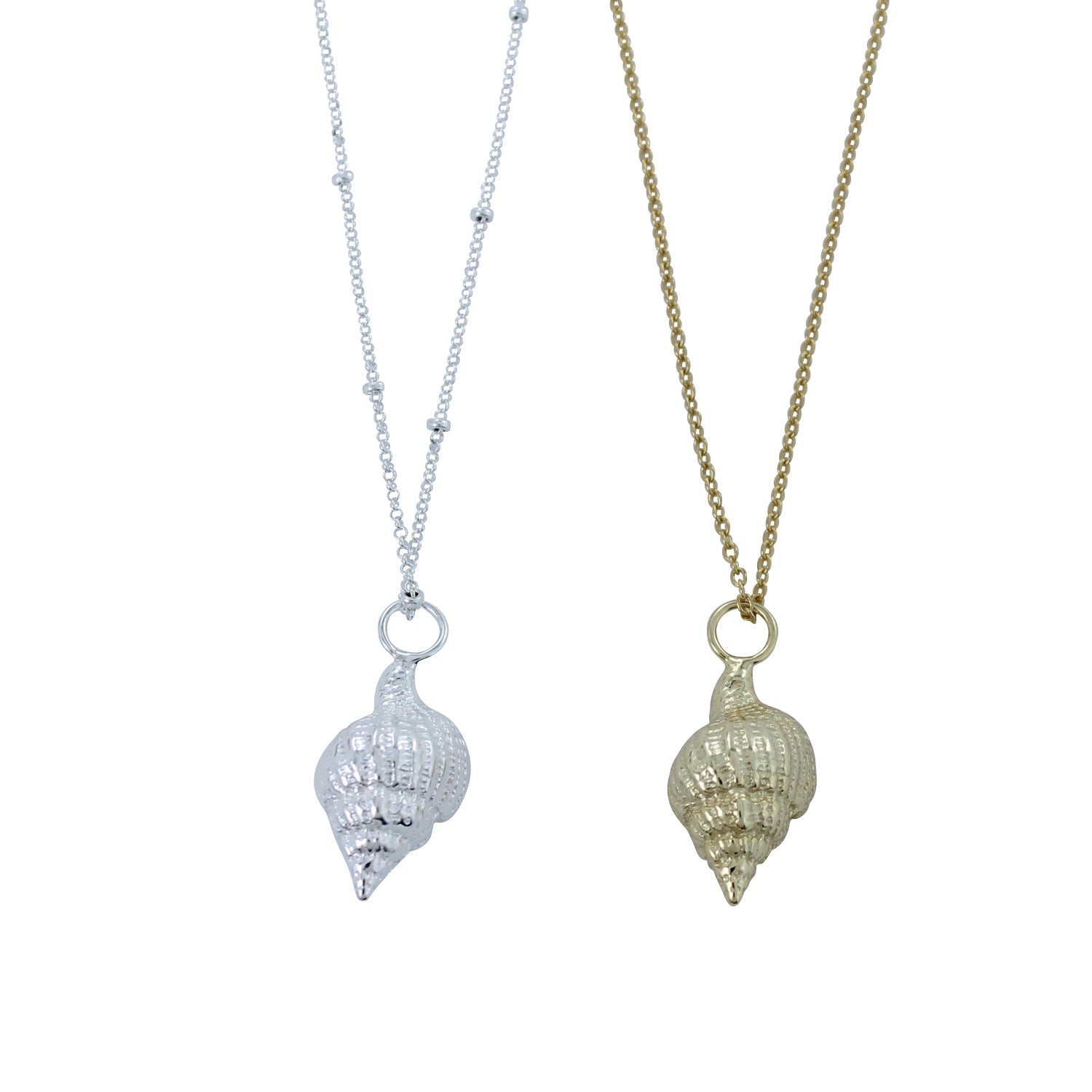 Two Spiral Shell Necklaces, one in silver and one in gold plate, hanging from adjustable chains.