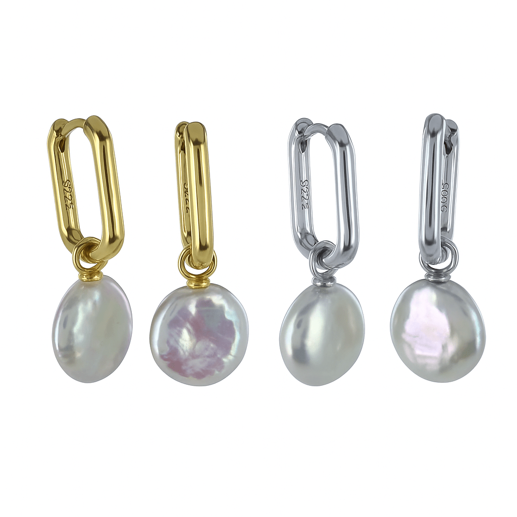 Two pairs of rectangular shaped hoops, one silver and one gold plated. Both hoops have button shaped white pearl charms hanging from the bottom.