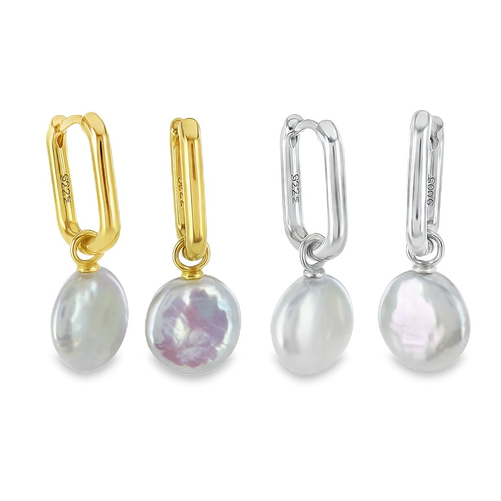 Square Button Pearl Hoop Earrings - Reeves & Reeves