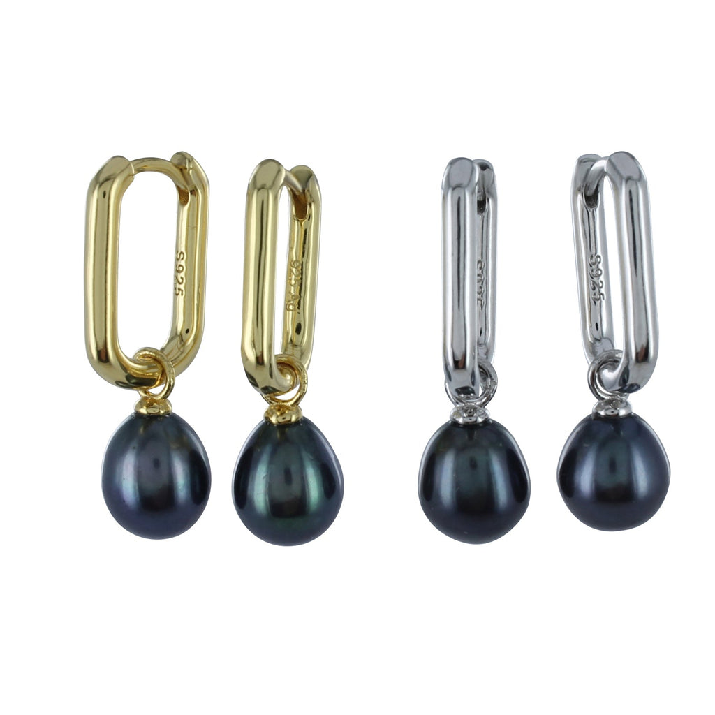 Two pairs of rectangular huggie earrings, one silver and one gold plated with peacock pearl charms hanging from the bottom.