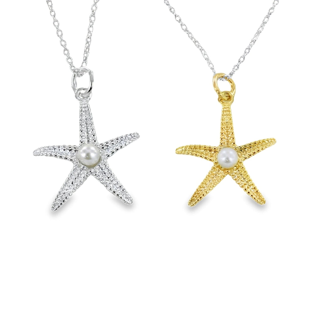 Two textured starfish pendants, one in silver and one in 18ct gold plate, both with an iridescent white pearl in the centre of the starfish. Both pendants hang from sterling silver adjustable chains.
