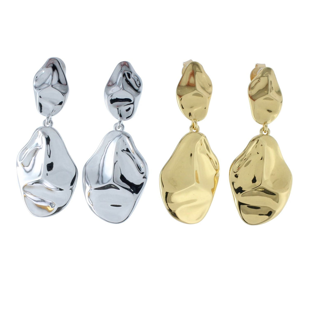 Two pairs of drop earrings, one silver and one gold plate. A convex circular shape sits on the stud style post, with a larger convex circular shape hanging below.
