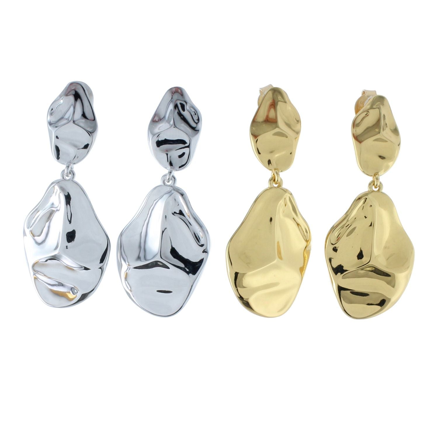 Two pairs of drop earrings, one silver and one gold plate. A convex circular shape sits on the stud style post, with a larger convex circular shape hanging below.
