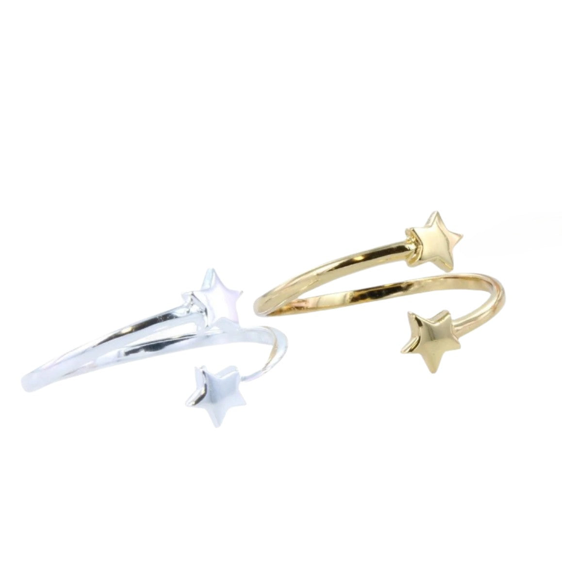 Two adjustable rings, one in silver and one with 18ct gold plate, both with high shine stars at either end that wrap around the finger.