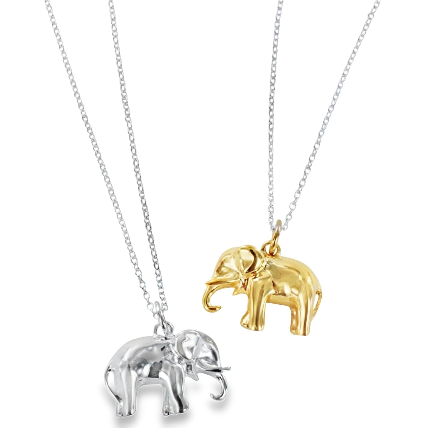 Two 3D elephant pendants, one in silver and one in 18ct gold plate, hanging on silver adjustable chains.