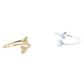 Silver and gold plated adjustable rings, both with heart detail at each end on the band that wraps around the finger.