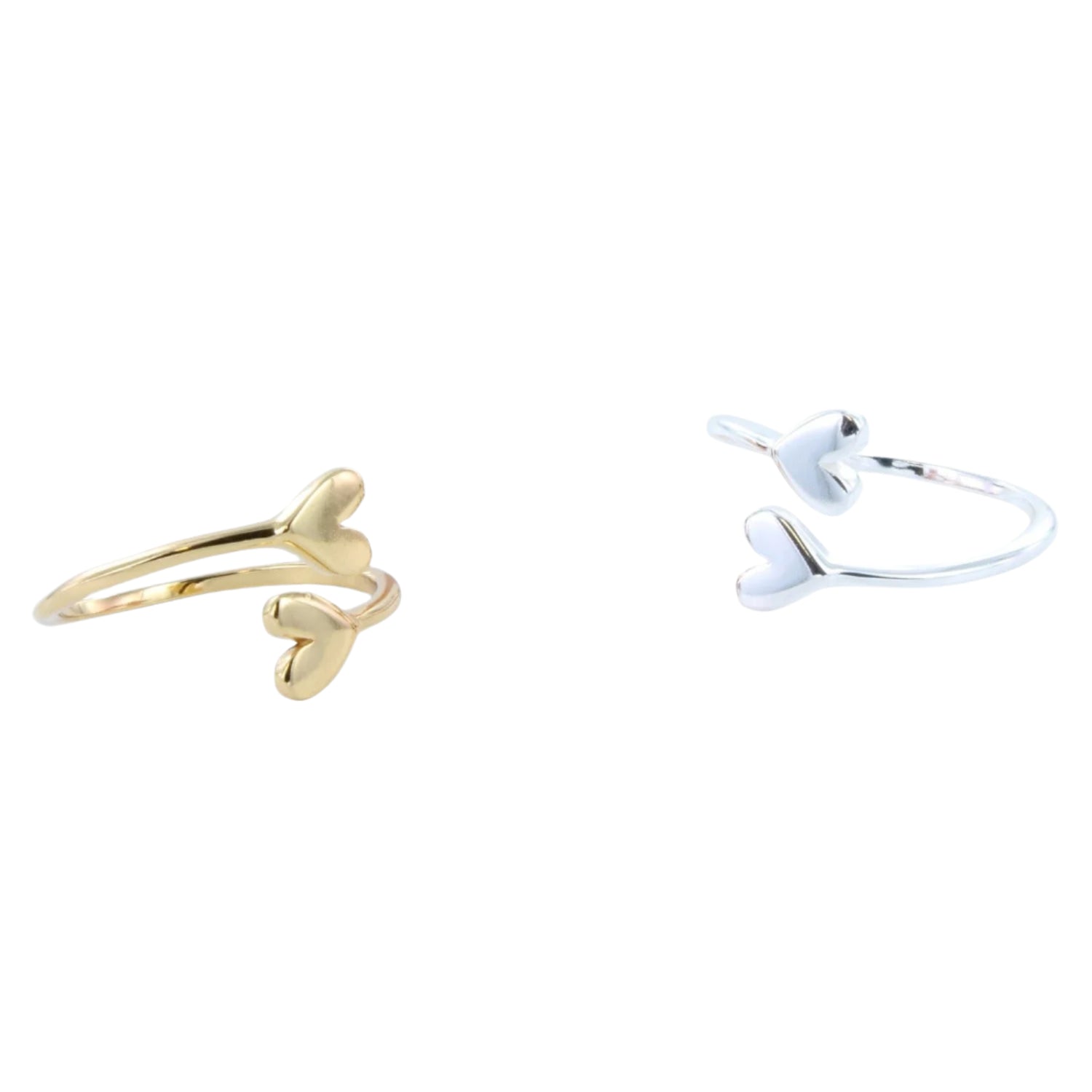 Silver and gold plated adjustable rings, both with heart detail at each end on the band that wraps around the finger.
