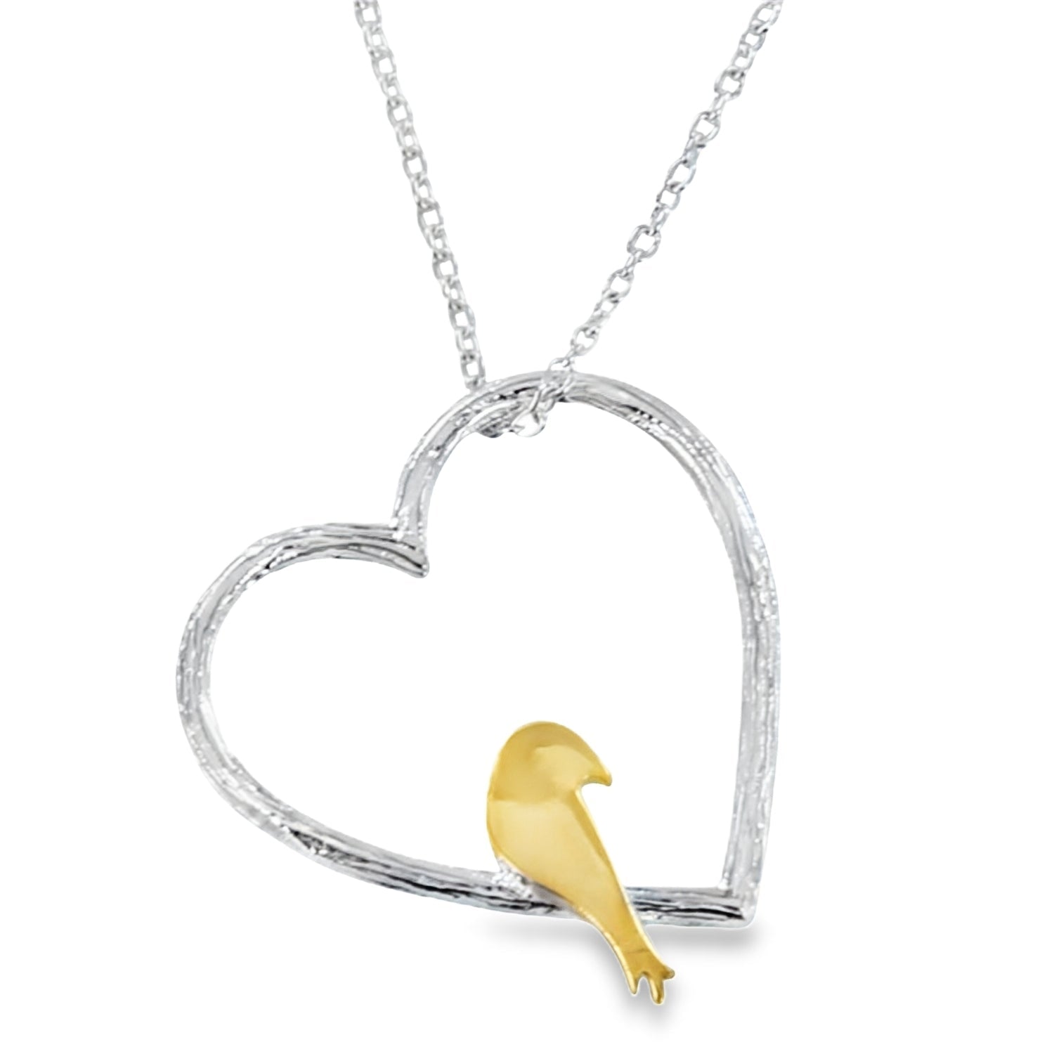 Sterling Silver and 18ct Gold plate Bird In Heart Necklace - Reeves & Reeves