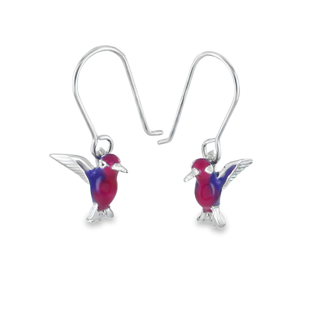 Sterling silver Hummingbird Earrings with pink and purple enamel detail, hanging on silver hooks.