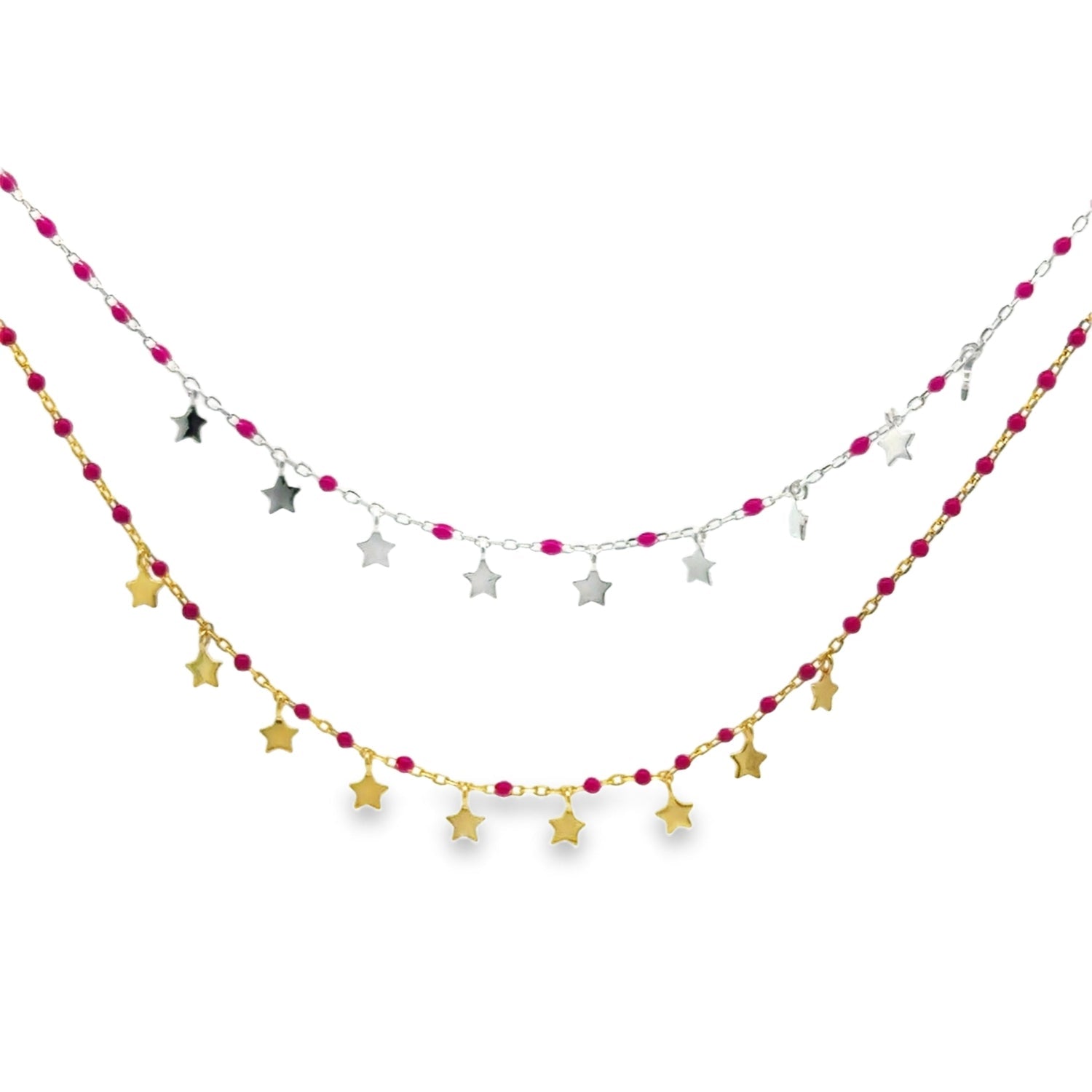 Sterling Silver and Enamel Pink Starry Necklace - Reeves & Reeves