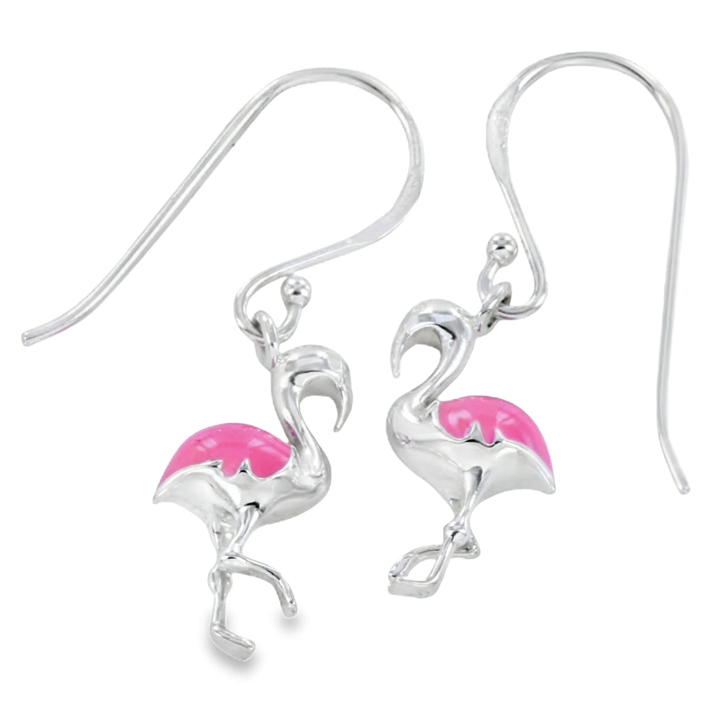 Sterling Silver and Pink Enamel Flamingo Drop Earrings - Reeves & Reeves