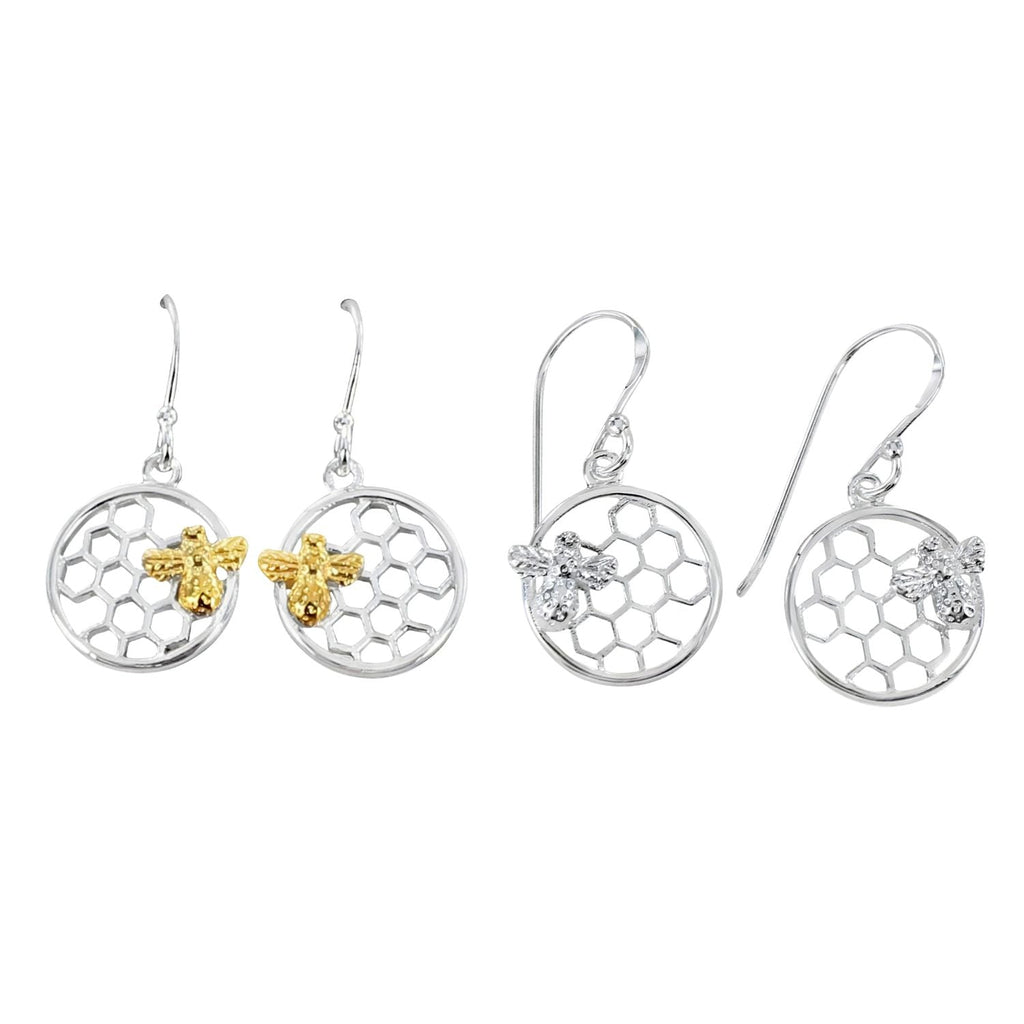 Sterling Silver Bee & Honeycomb Earrings - Reeves & Reeves