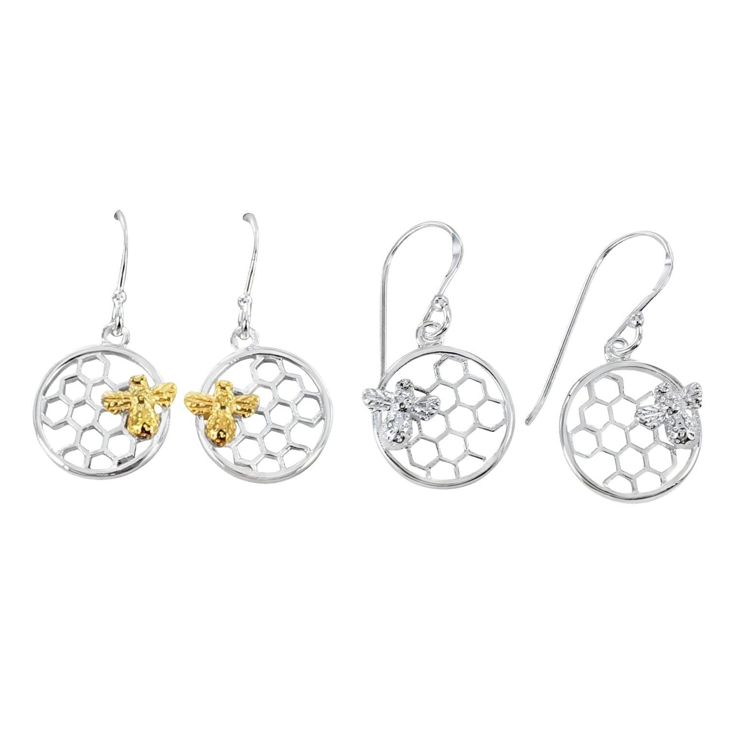 Sterling Silver Bee & Honeycomb Earrings - Reeves & Reeves