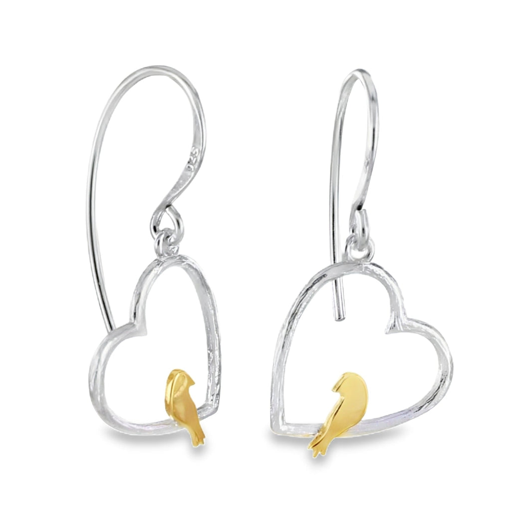 Sterling Silver Bird in Heart Drop Earrings - Reeves & Reeves