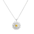Sterling Silver Daisy Necklace with a gold plated centre, hanging on a silver adjustable chain.