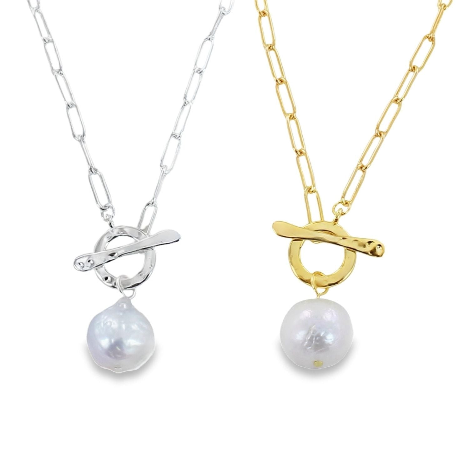 Two silver and gold plate paperclip chain necklaces with a circle central feature which doubles as the clasp with a T Bar going through it. A white freshwater pearl hangs from each necklace.