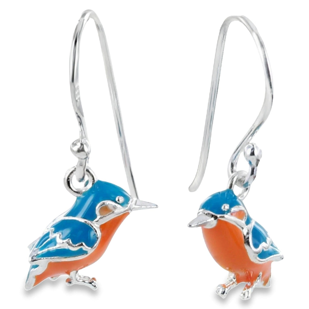 Sterling Silver Enamel Kingfisher Drop Earrings - Reeves & Reeves