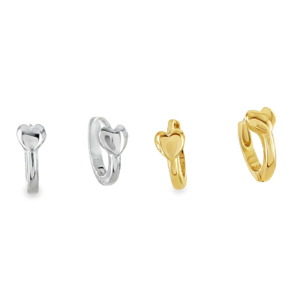 Two pairs of sleeper style hoop earrings, one sterling silver and one 18ct gold plated. Both hoops have a heart fixed to the hoop that sits in the front of the ear.