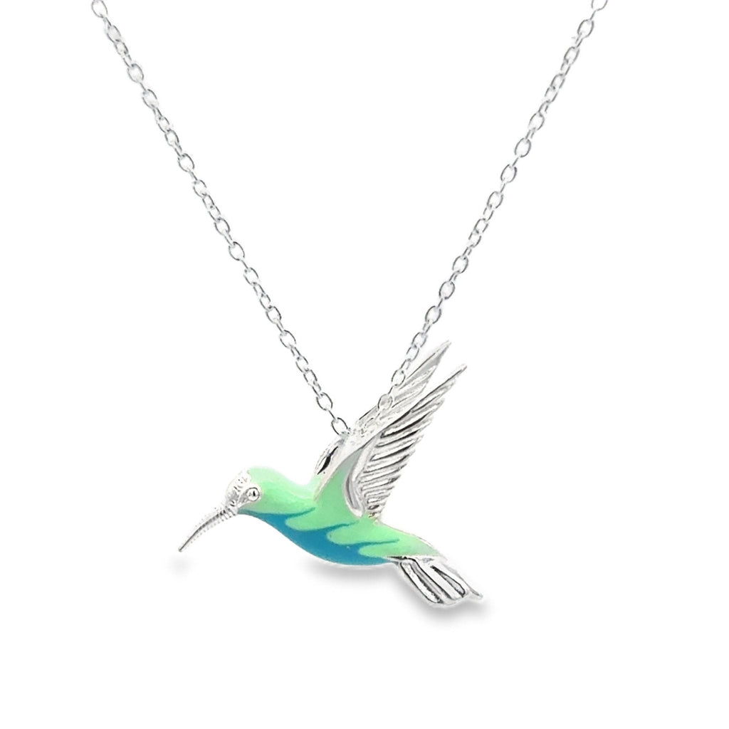 Blue and Green Sterling Silver with Blue and Green Enamel Hummingbird Pendant. Hanging on an adjustable silver chain.