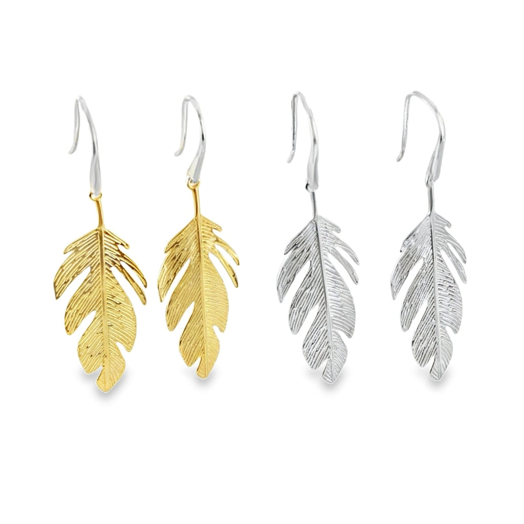 Two pairs of large feather drop earrings, one sterling silver and one in 18ct gold plating. Hanging on silver hooks.